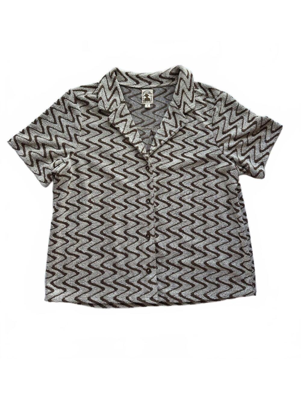 Dany Del Mar Wavy Stripe Terry Cloth towel camp shirt button down Mens L
